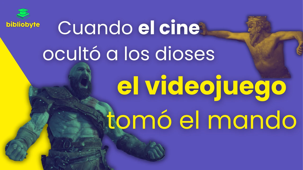 Ilustración conceptual que contrapone un dios clásico fragmentado y un personaje de videojuego, simbolizando el desplazamiento del mito del cine al videojuego.
