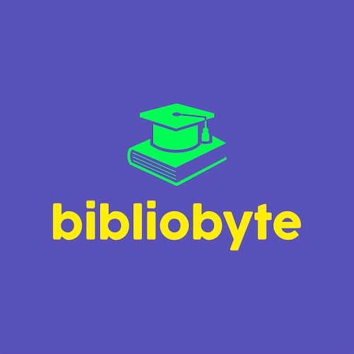 Logotipo de Bibliobyte. Un libro abierto con birrete simboliza el cruce entre saber clásico y cultura digital. El nombre “bibliobyte” aparece debajo en amarillo brillante sobre fondo violeta.