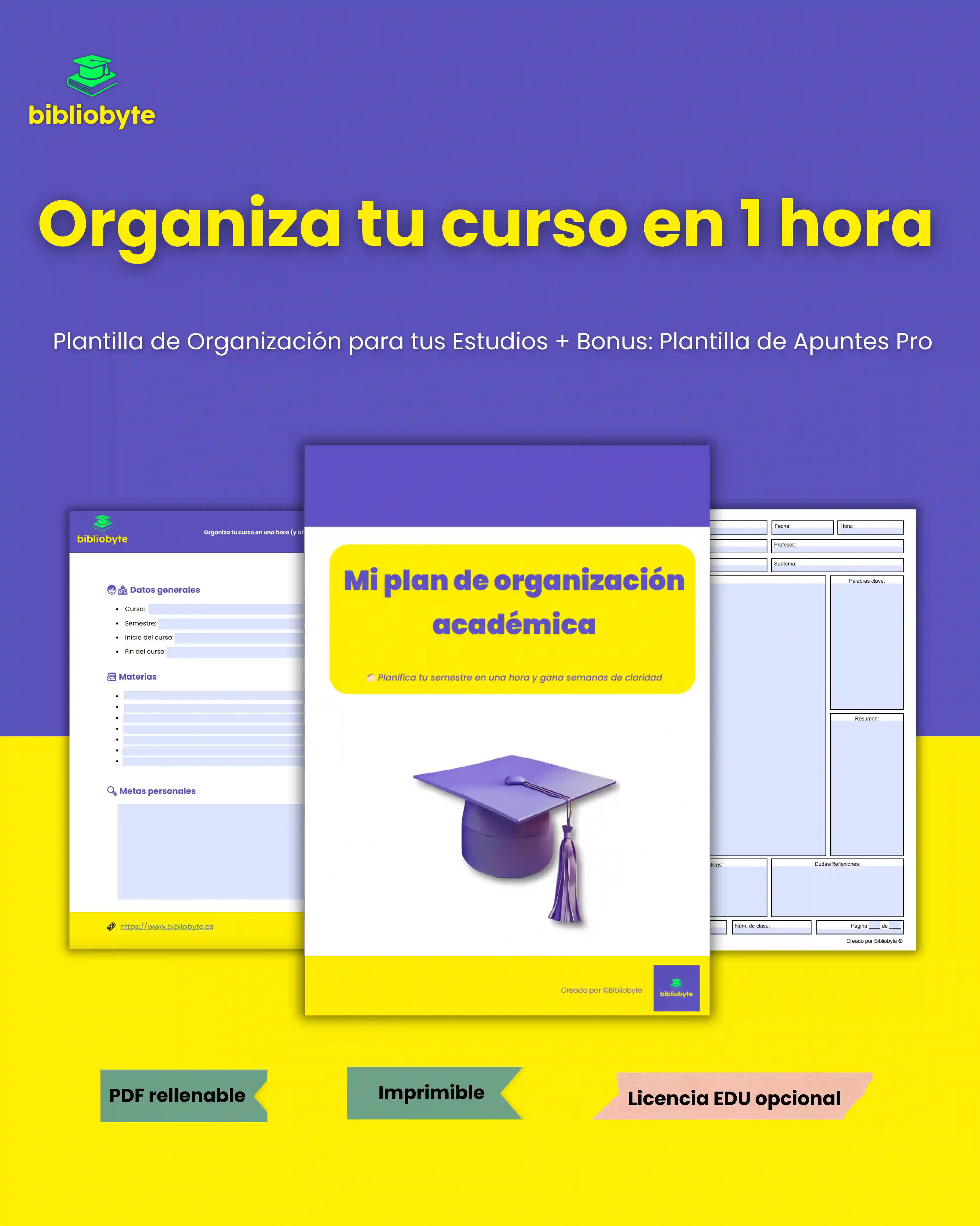 Portada y páginas del set ‘Organiza tu curso en 1 hora’: plantilla de materias, calendario y guía paso a paso en tonos violeta y amarillo.