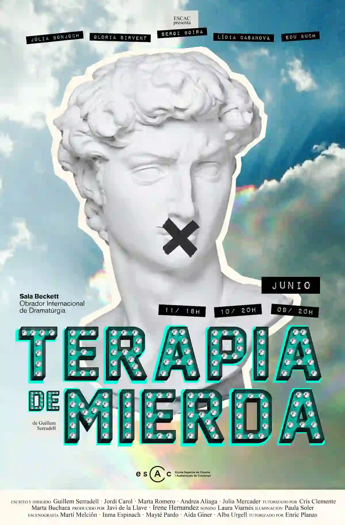 Cartel de Terapia de mierda. Estatua de mármol tapada con cinta adhesiva negra en la boca...