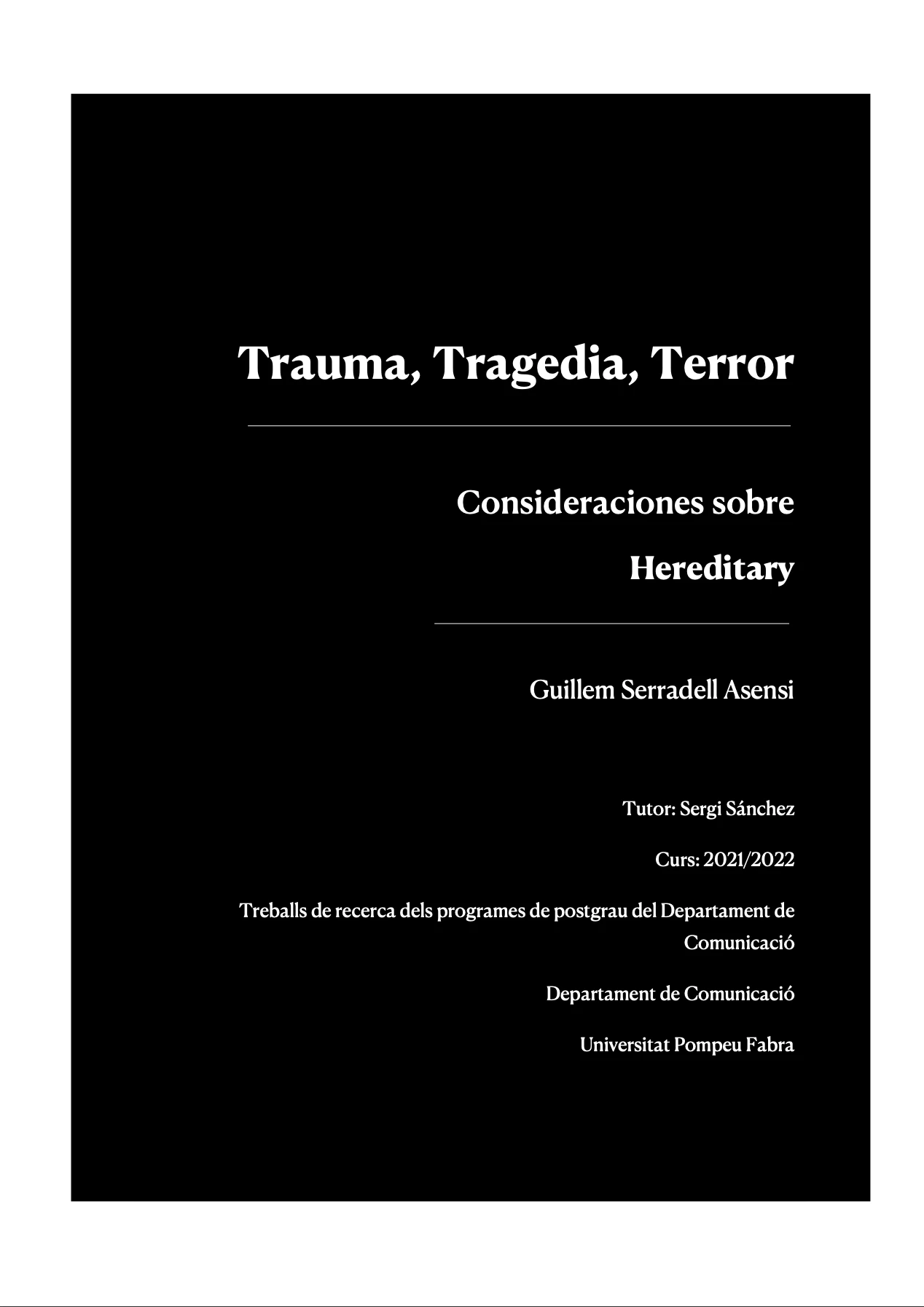 Portada del trabajo académico titulado 'Trauma, Tragedia, Terror: Consideraciones sobre Hereditary'...